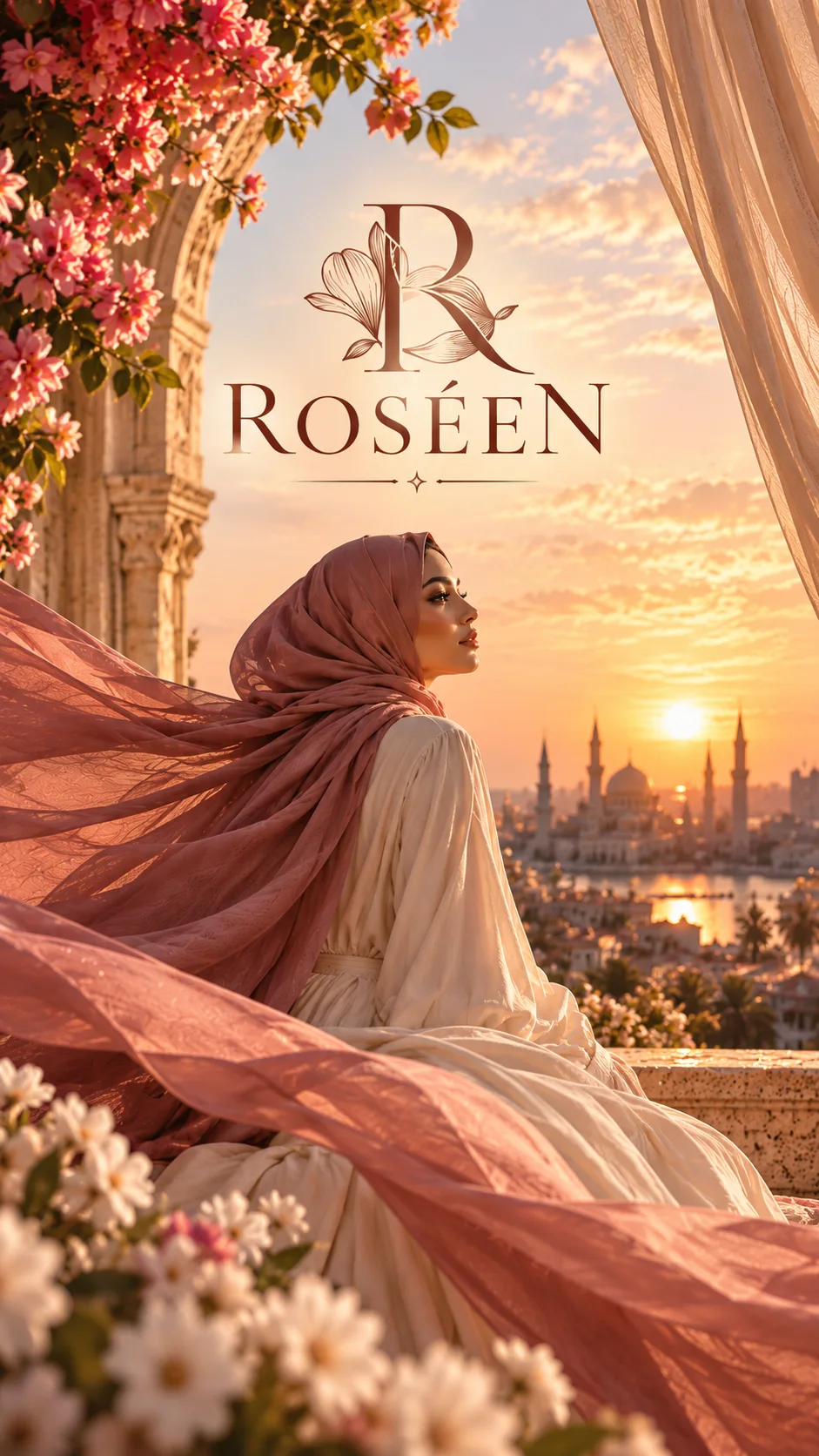 Rose hijab in the wind at sunset